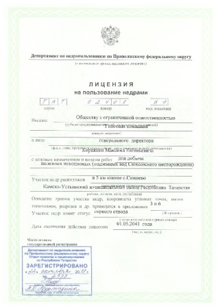 Лицензия на пользование недрами ТАТ 02408 ВЭ