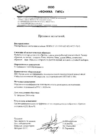 Протокол по теплопроводности влагостойкой ПГП